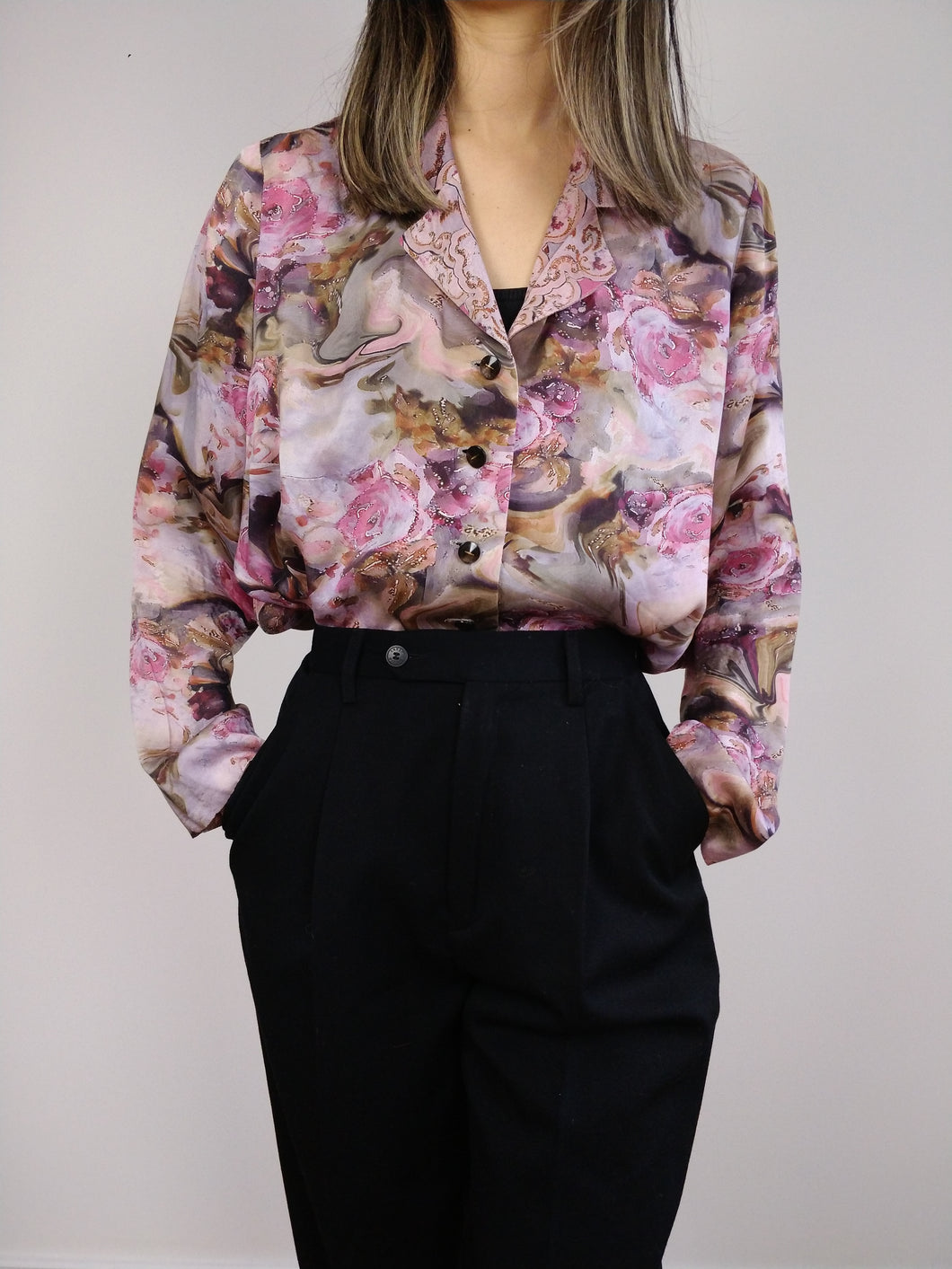The Pink Dream Blouse | Vintage shirt crazy pattern shiny smooth satin long sleeve M