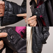 Load image into Gallery viewer, The Black Sherpa Collar Leather | Vintage real leather coat jacket black fluffy collar M-L
